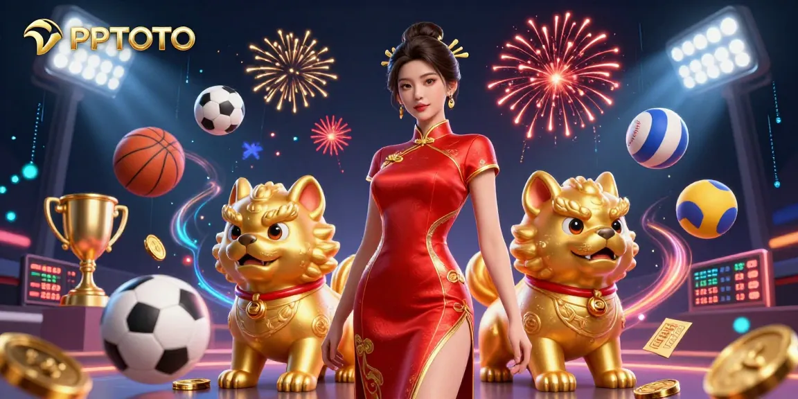 Suasana taruhan olahraga PPTOTO dengan wanita glamor, penjaga foo dog, dan elemen permainan yang dinamis.