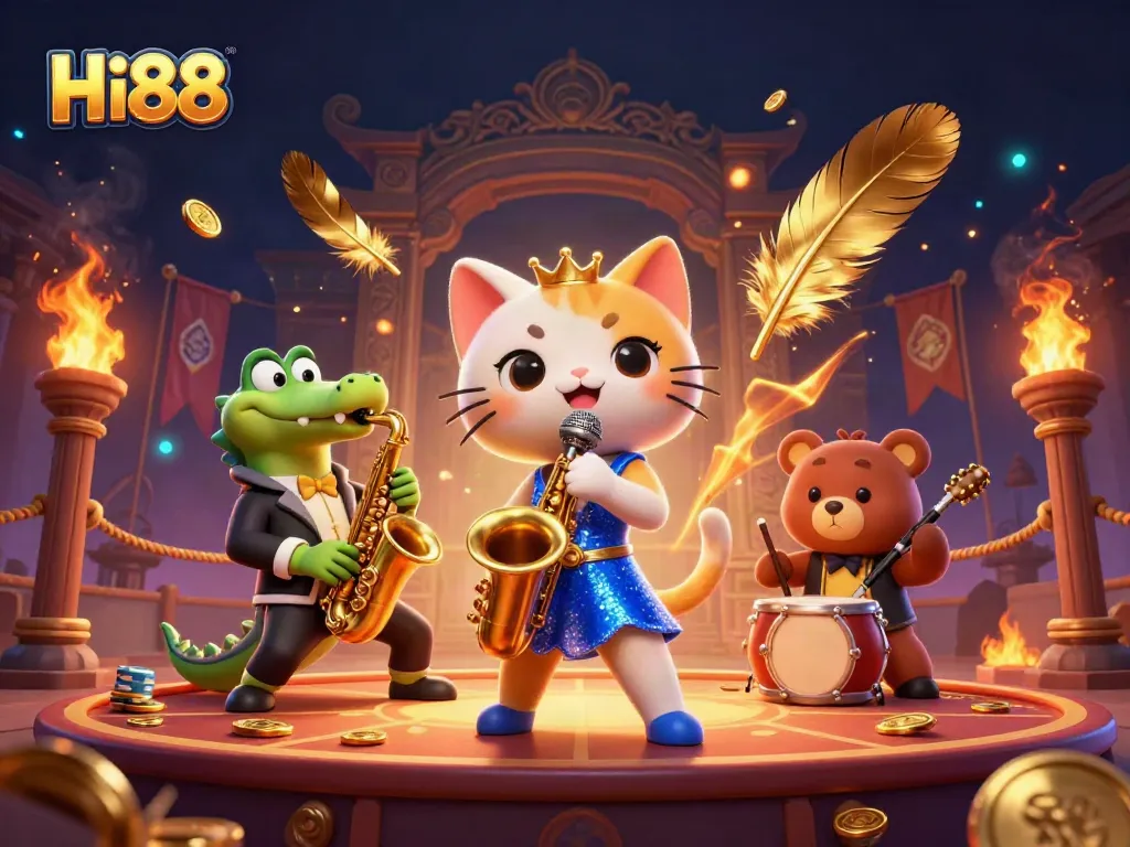 Experience excitement at Hi88 with a vibrant casino scene featuring a jazz singer, saxophonist, and drummer.