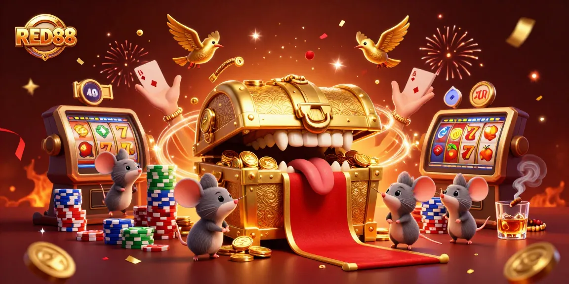 Experience winning at RED88 with an illustration of a treasure chest and vibrant slot machines