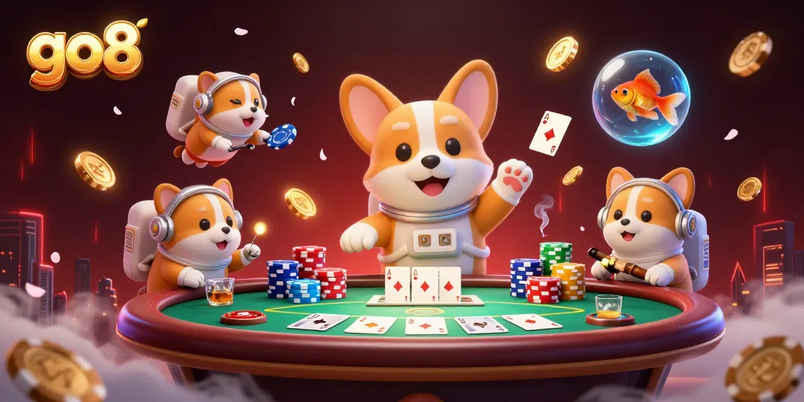 Engage with go8's thrilling casino atmosphere featuring a floating corgi and colorful poker elements.