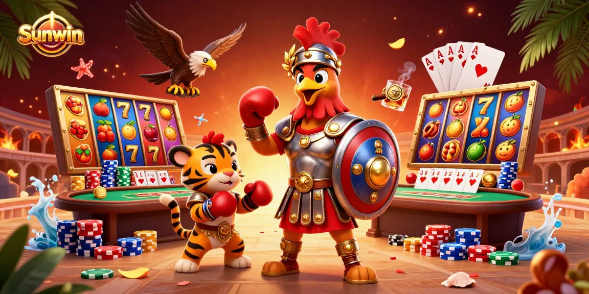 Experience thrilling gaming with Sunwin's dynamic 3D illustration showcasing vibrant slot reels and casino elements.
