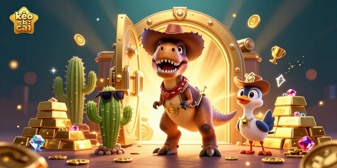 Experience thrilling kèo nhà cái action with a cowboy dinosaur, cactus sidekick, and roadrunner amidst treasure and casino gems.