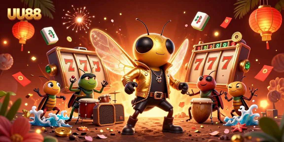 Engage with UU88's vibrant casino scene featuring a cicada rock star, slot reels, and exciting prizes.