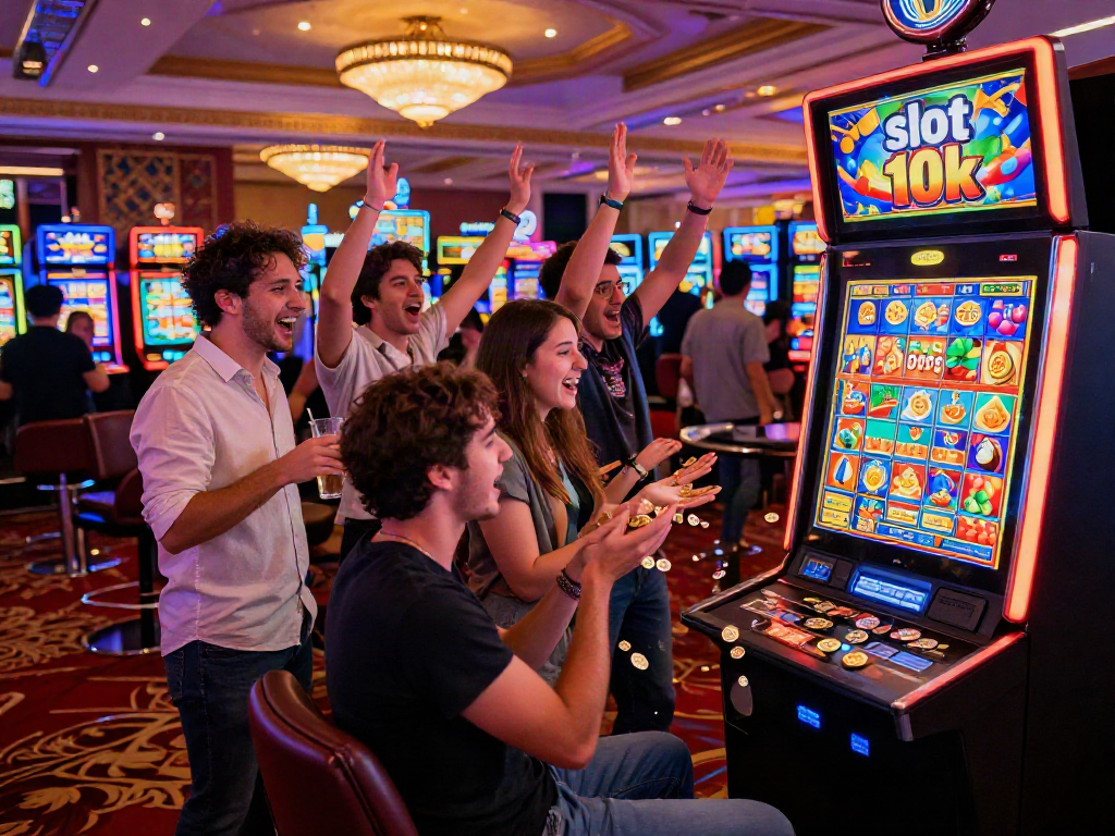 Excited group celebrating a slot 10k jackpot win at a vibrant casino.