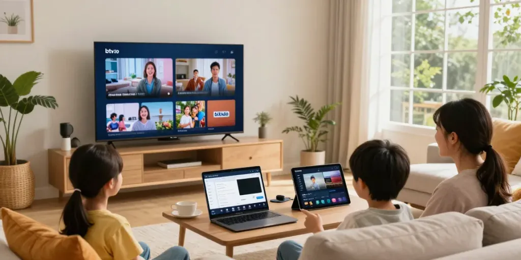 Family enjoying rbtv.io in a cozy living room with multiple devices streaming online content.