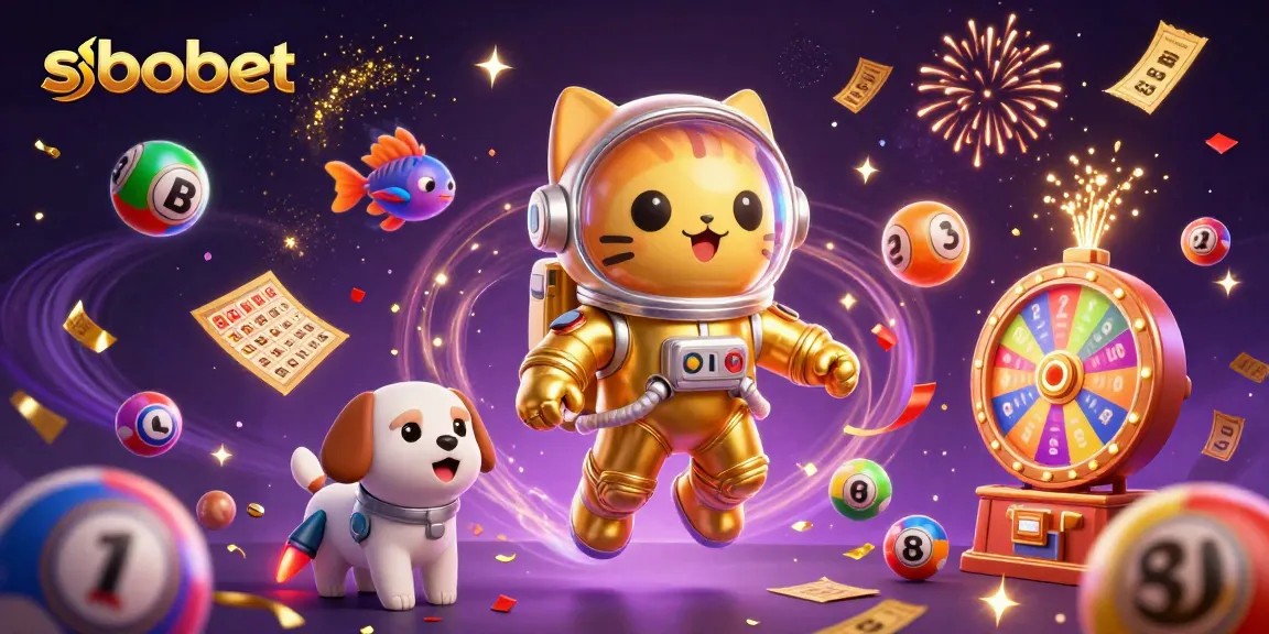 SBOBET celebrates gaming with a vibrant 3D illustration of a cat astronaut, robot dog, and dynamic lottery elements.