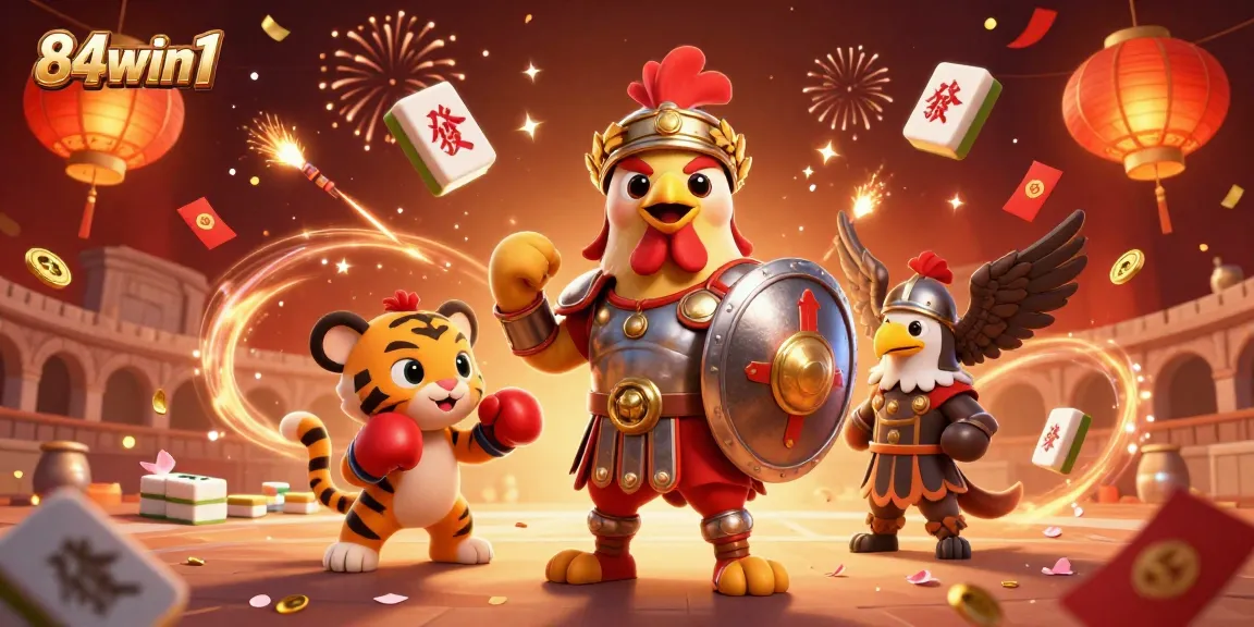 Engage in exciting gaming action at 84win1 with vibrant characters and celebratory elements.