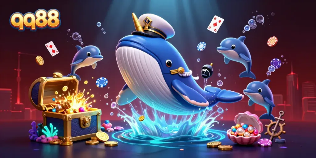 Engage with qq88's thrilling casino atmosphere featuring a 3D whale, poker chips, and underwater treasures.
