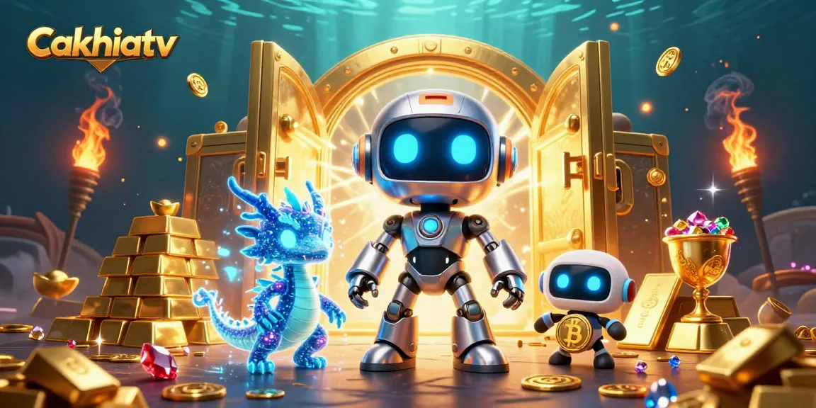 Cakhiatv brings a thrilling experience with a cartoon cyberpunk robot and AI dragon amidst gold riches.