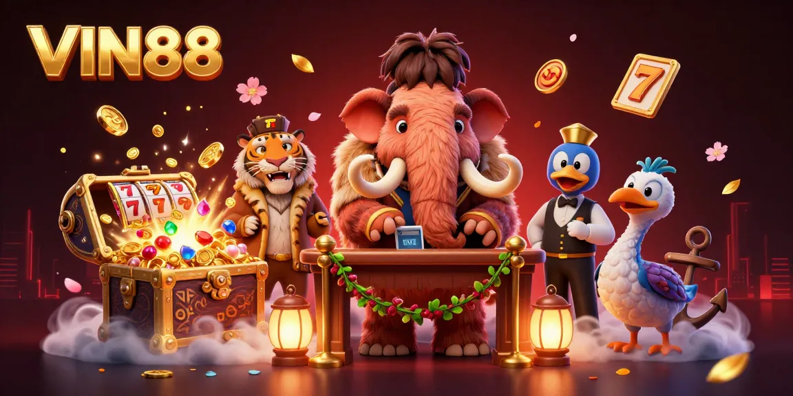 Experience VIN88's vibrant casino atmosphere with a bouncer and VIP guests amidst floating slot elements.