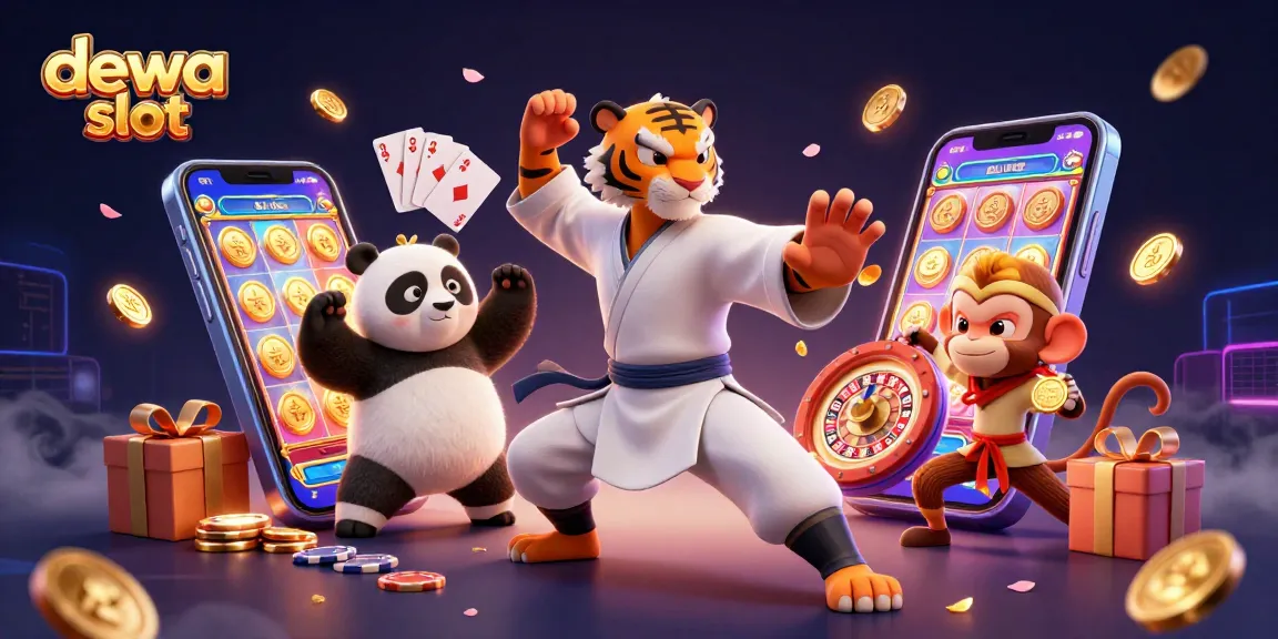 Experience thrilling action with dewa slot at a dynamic casino scene featuring a kung fu tiger and a golden medal thief.