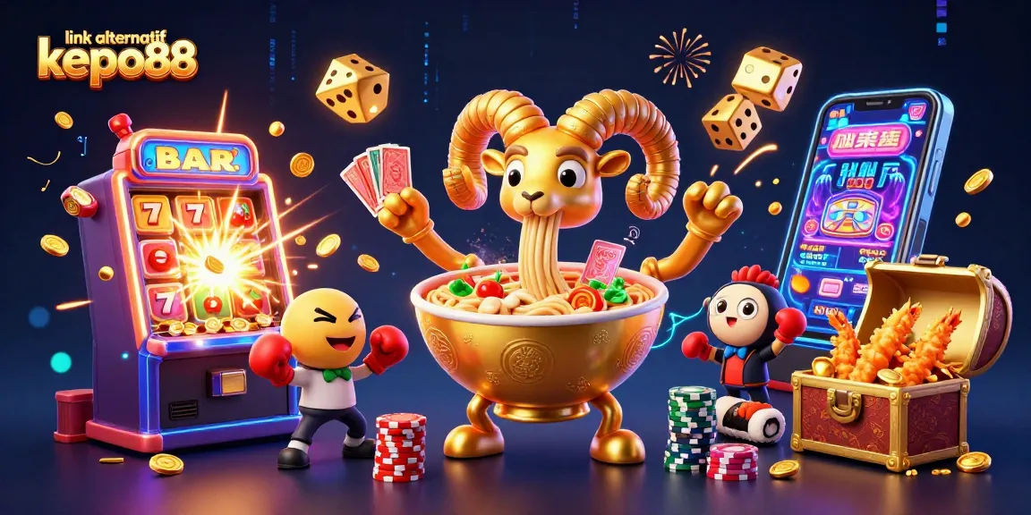 Spin and win with link alternatif kepo88 as a giant golden ramen bowl deals cards in a lively casino scene.
