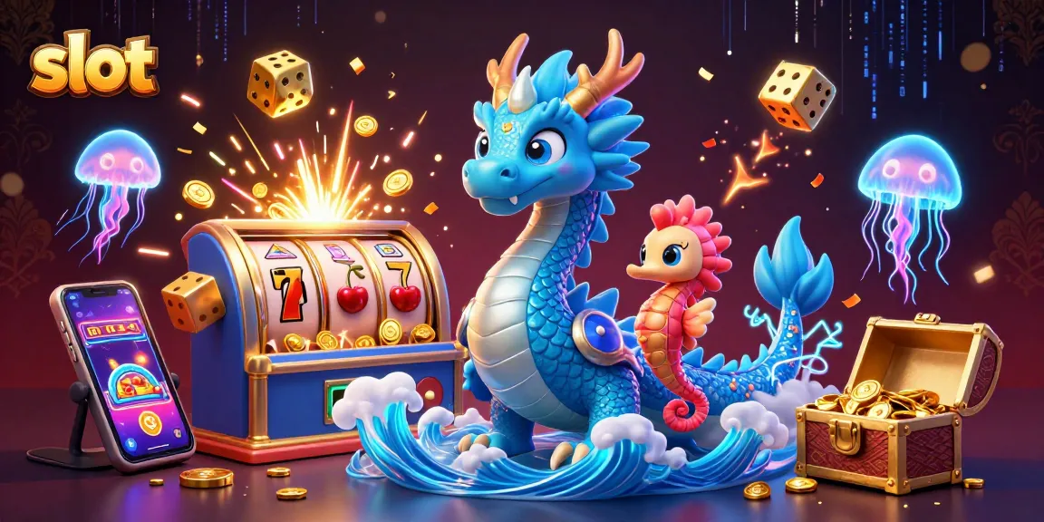 Menangkan jackpot di slot dengan ilustrasi 3D karakter naga air dan kuda laut yang heroik, dikelilingi mesin slot fantastis.