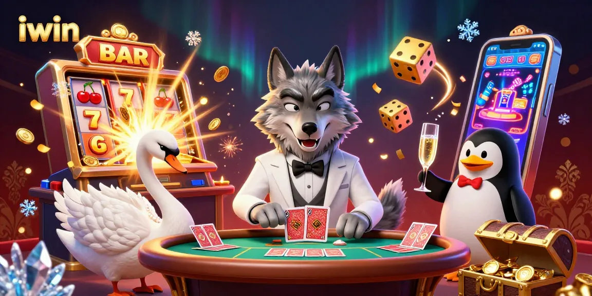 iwin themed casino scene featuring a charming wolf, swan dealer, and penguin presenting champagne.