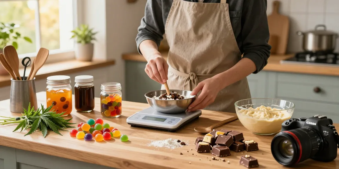 Colorful cannabis edibles preparation showcasing Edibles UK with vibrant gummies and baked goods on wooden counter.