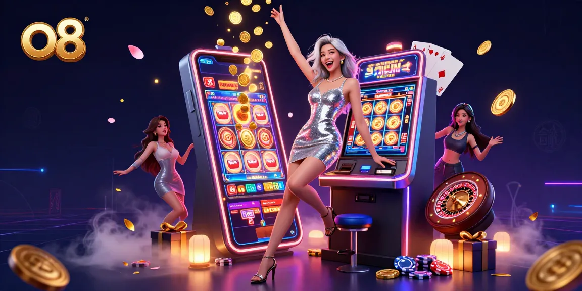 Win big with exciting slot games at o8, featuring a celebratory atmosphere and vibrant casino elements.