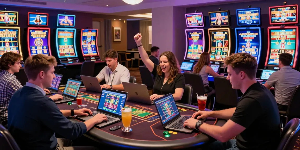 Excited UK players enjoying credit card casinos for UK players in a vibrant casino environment with mobile devices and drinks.