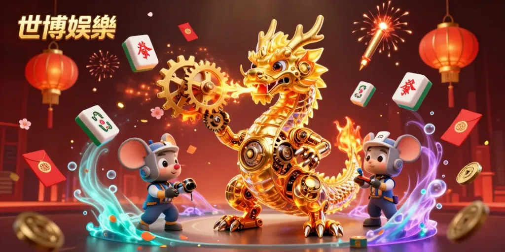 世博娛樂展現一條生動的金色龍，帶著齒輪和文化符號，為玩家帶來激情與樂趣。
