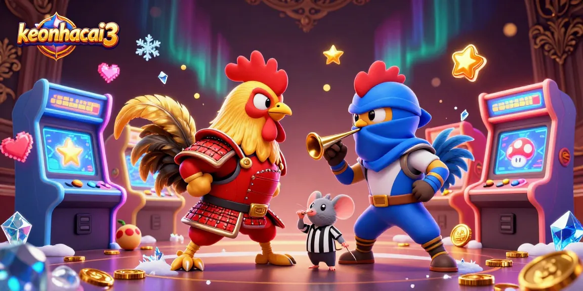 Engage with keonhacai3 by watching twin roosters duel in a colorful gaming arena.