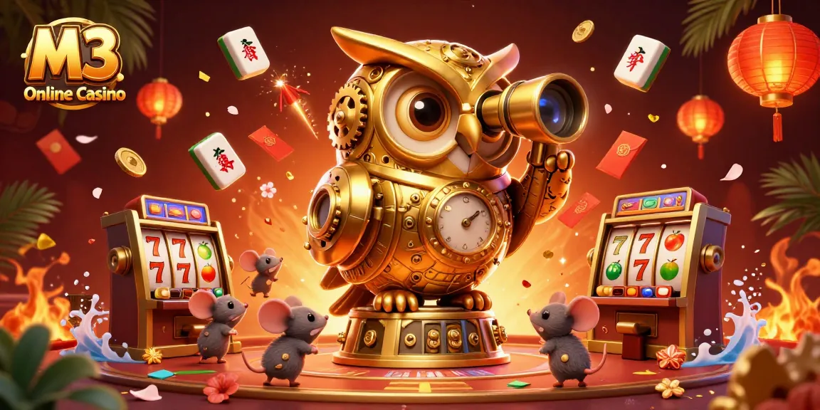 M3 Online Casino features a colorful 3D scene with a golden owl monitoring players amidst lively slot machines.