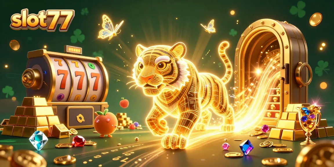 Spin jackpots and win big with slot77 in this vibrant casino scene featuring golden treasures.