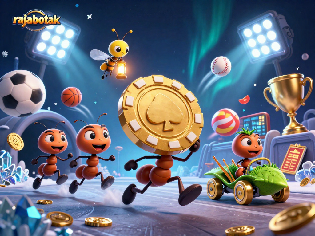 Ants executing a heist for a giant poker chip as rajabotak elements fly around in a dynamic gambling scene