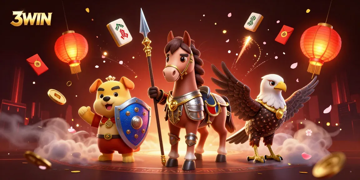 3WIN interactive casino illustration showcasing a knight and puppy amidst mahjong tiles and golden lanterns.