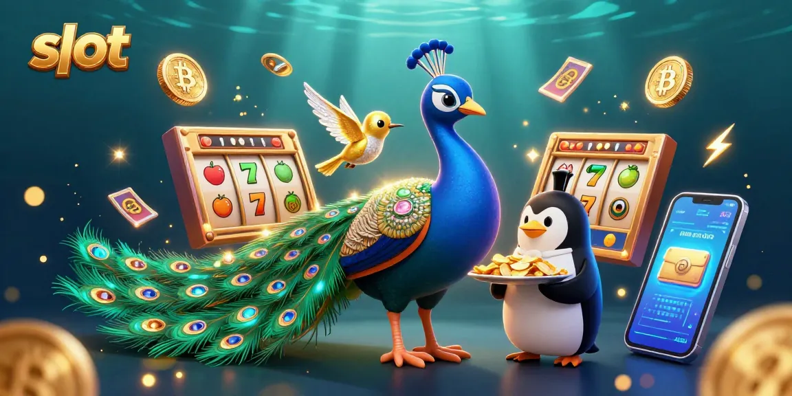 slot yang menghibur dengan merak, penguin, dan kolibri di lingkungan kasino digital.