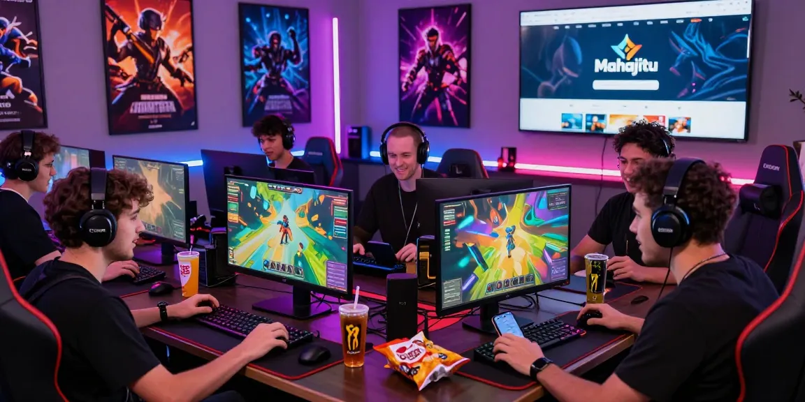 Engaged gamers enjoying Mahajitu's online gaming platform in a lively, modern setting.