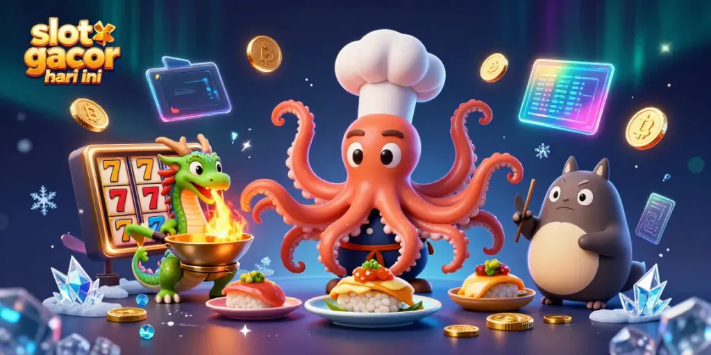 Engage with exciting slot gacor hari ini as illustrated by a lively scene featuring vibrant casino elements and characters.