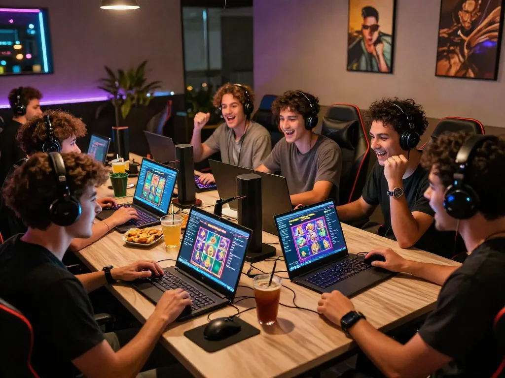 Friends enjoying QQMacan gaming together in a vibrant lounge.