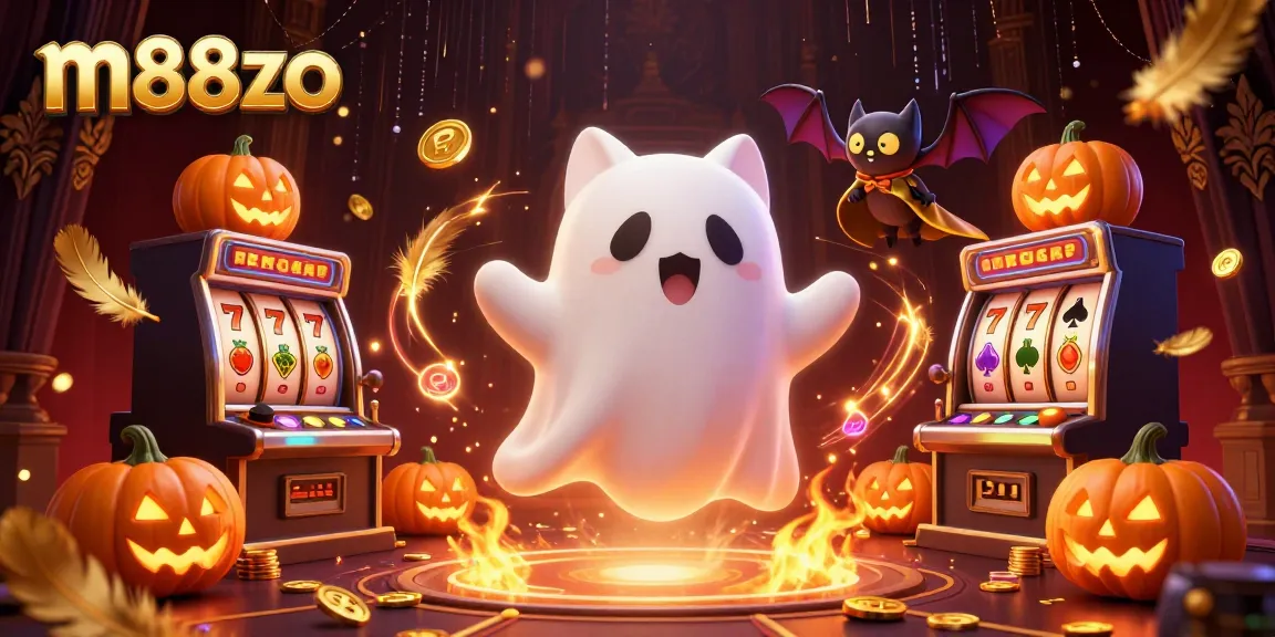 Engage in thrilling gameplay with m88zo's captivating haunted casino scene featuring a ghost cat and vibrant symbols.