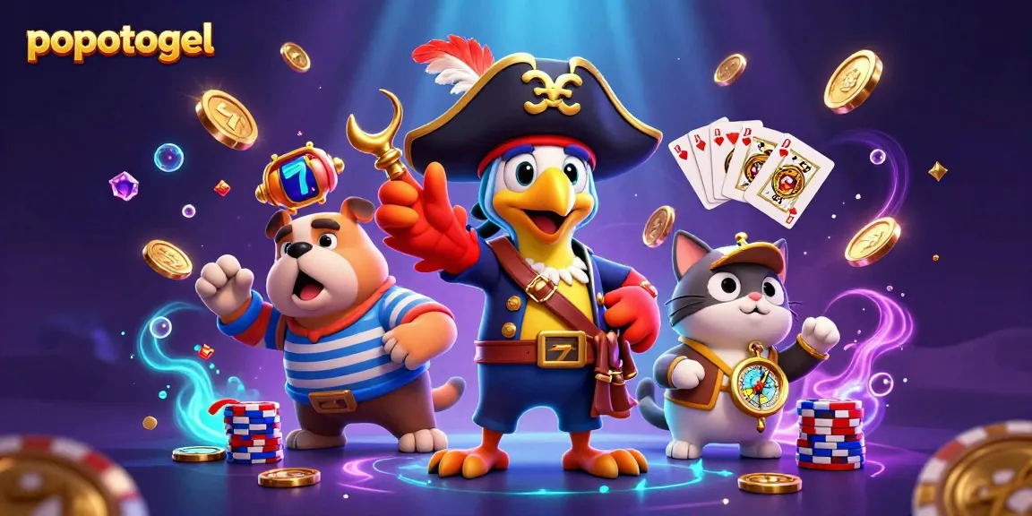 Experience thrilling gameplay with popotogel's vibrant slot reels surrounded by sparkling gems and pirate characters.