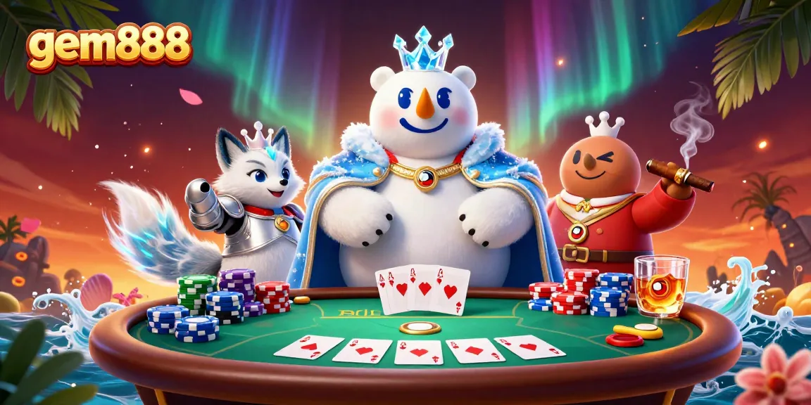 Experience thrilling gameplay at gem888 with our cartoon ice king and fox amidst poker action.