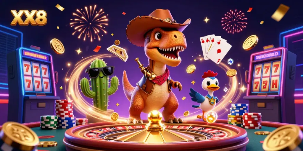 Engage with vibrant casino action featuring T-Rex and friends in a dynamic environment, highlighting XX8.