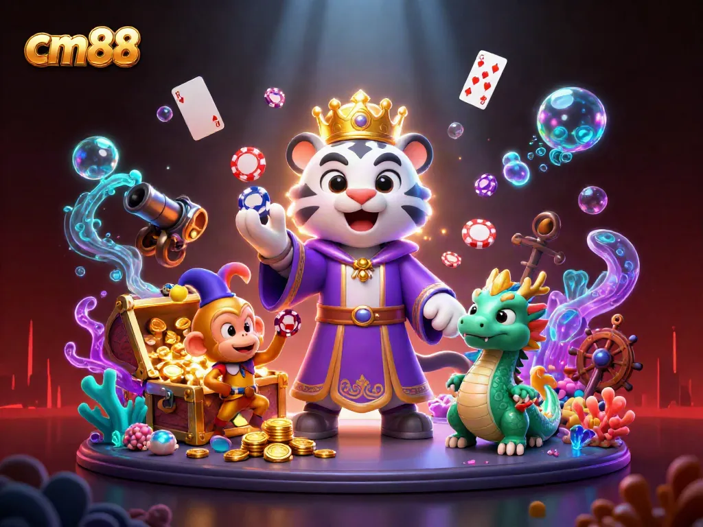 Experience the thrill of cm88 with a captivating 3D scene featuring playful characters and vibrant gaming elements.