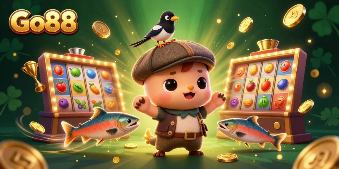 Experience Go88 with playful Nessie, gold coins, and vibrant slot reels in a lively casino scene.