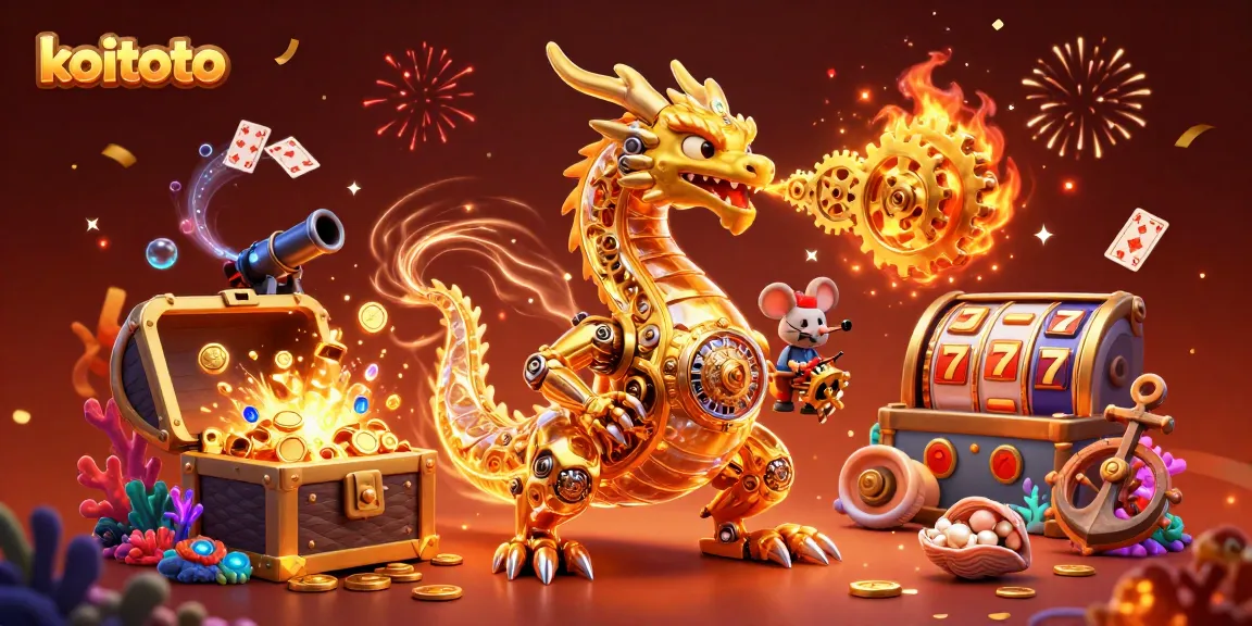 Koitoto menawarkan pengalaman menarik dengan simbol slot dan koin emas bertebaran di sekitar naga berteknologi canggih.