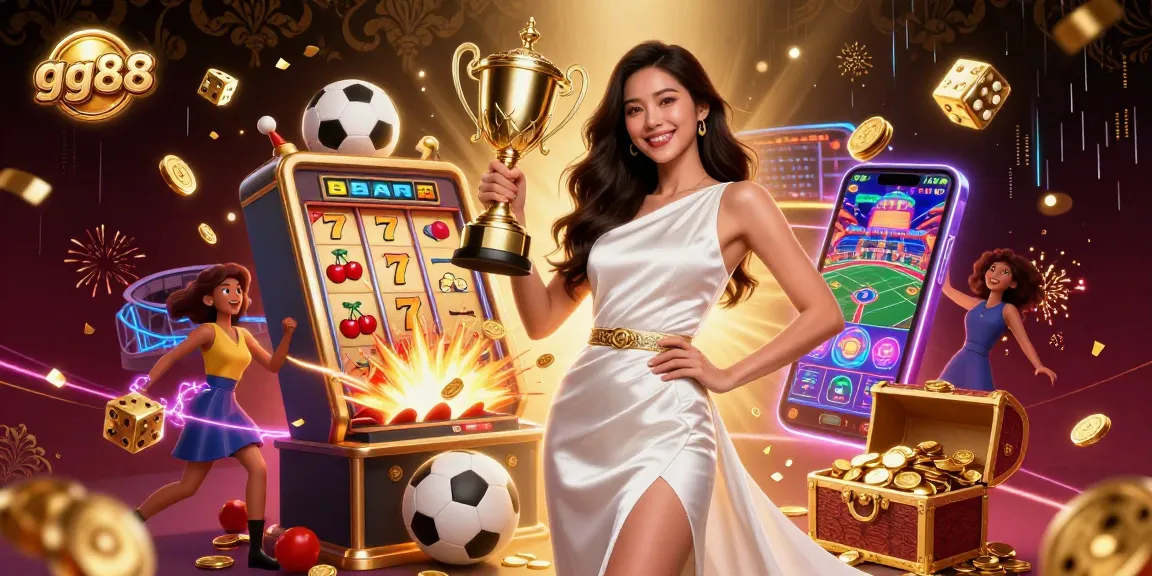 Experience thrilling victories with gg88's stunning casino and sports betting scene featuring a winning Asian heroine.