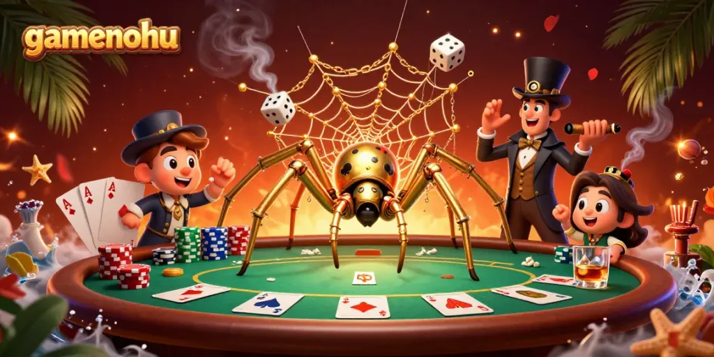 Engage with gamenohu's vibrant casino scene featuring a steampunk spider and poker action.