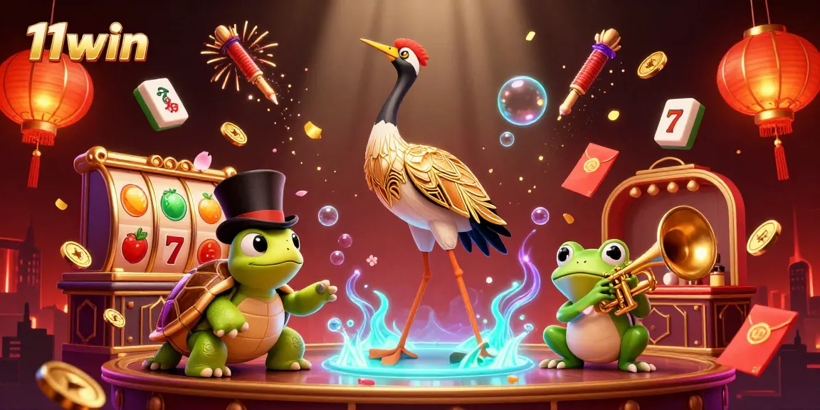 Experience vibrant excitement with 11win as colorful slot reels and characters shine at a lively casino bar.