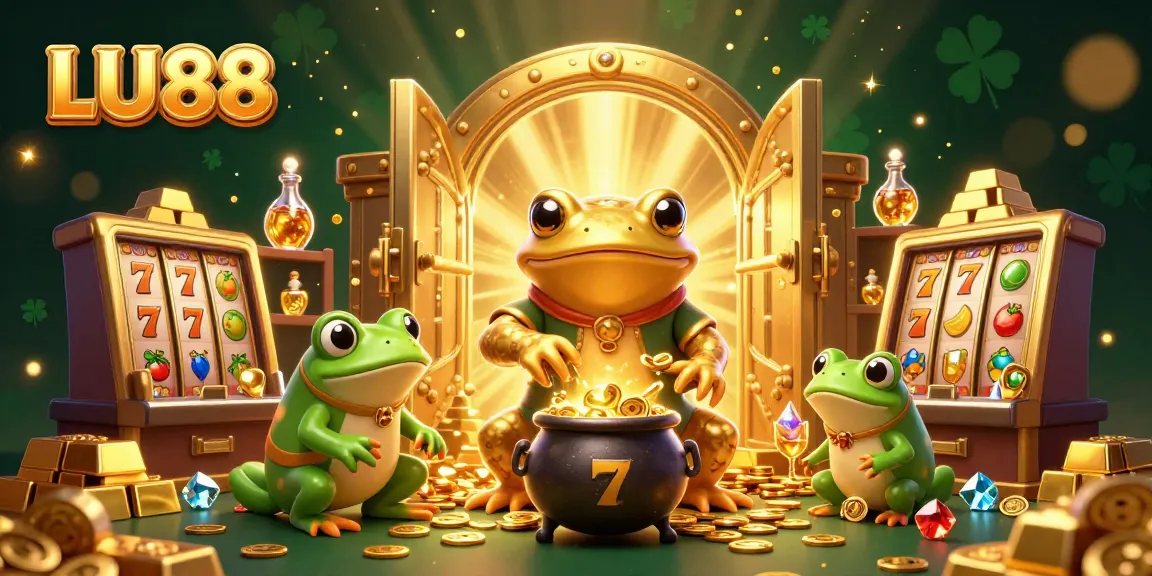 LU88 showcases stunning casino scenery filled with golden coins, vibrant slot machines, and magical characters.