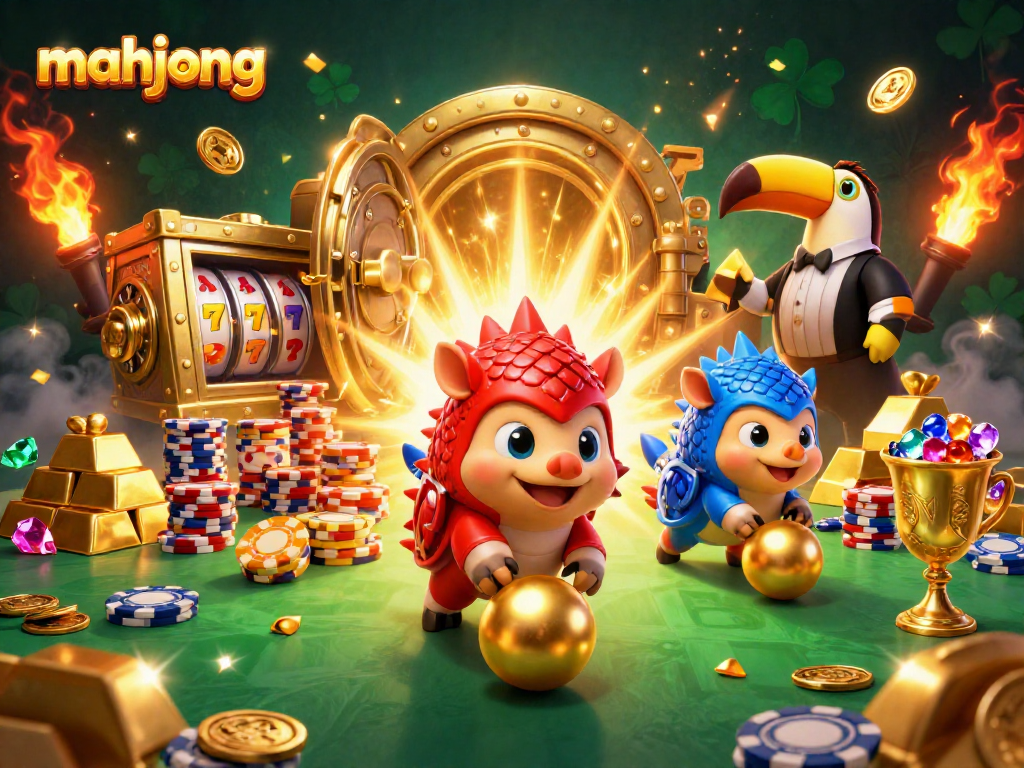 Experience mahjong excitement as rival pangolins roll into golden balls amidst poker chips and gems.