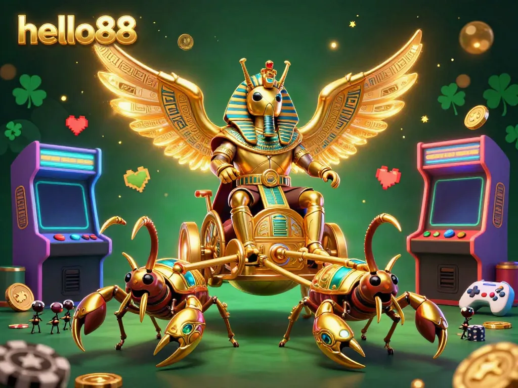 Engage in thrilling games at hello88, featuring a golden scarab beetle, scorpions, and poker chips in a colorful casino setting.