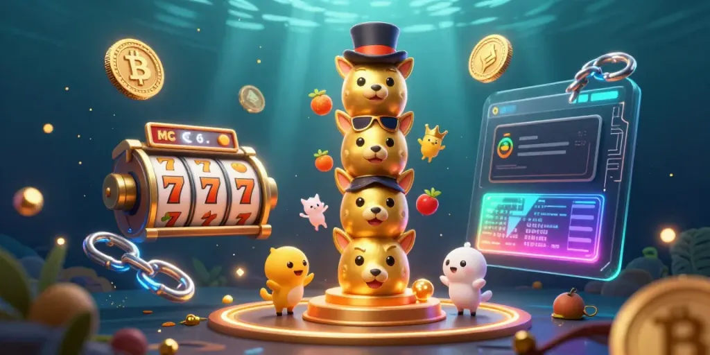 Experience the vibrant MMOO gaming world featuring a lively golden totem, slot elements, and crypto coins.