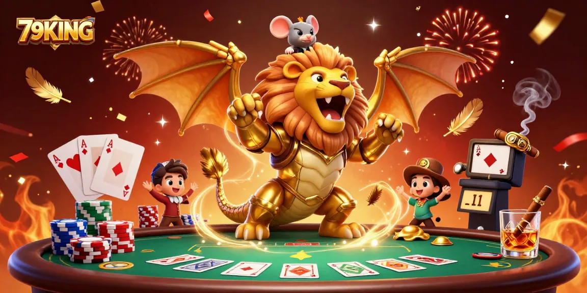 Experience the excitement of gambling with 79KING at a dynamic poker showdown featuring a triumphant chimera.