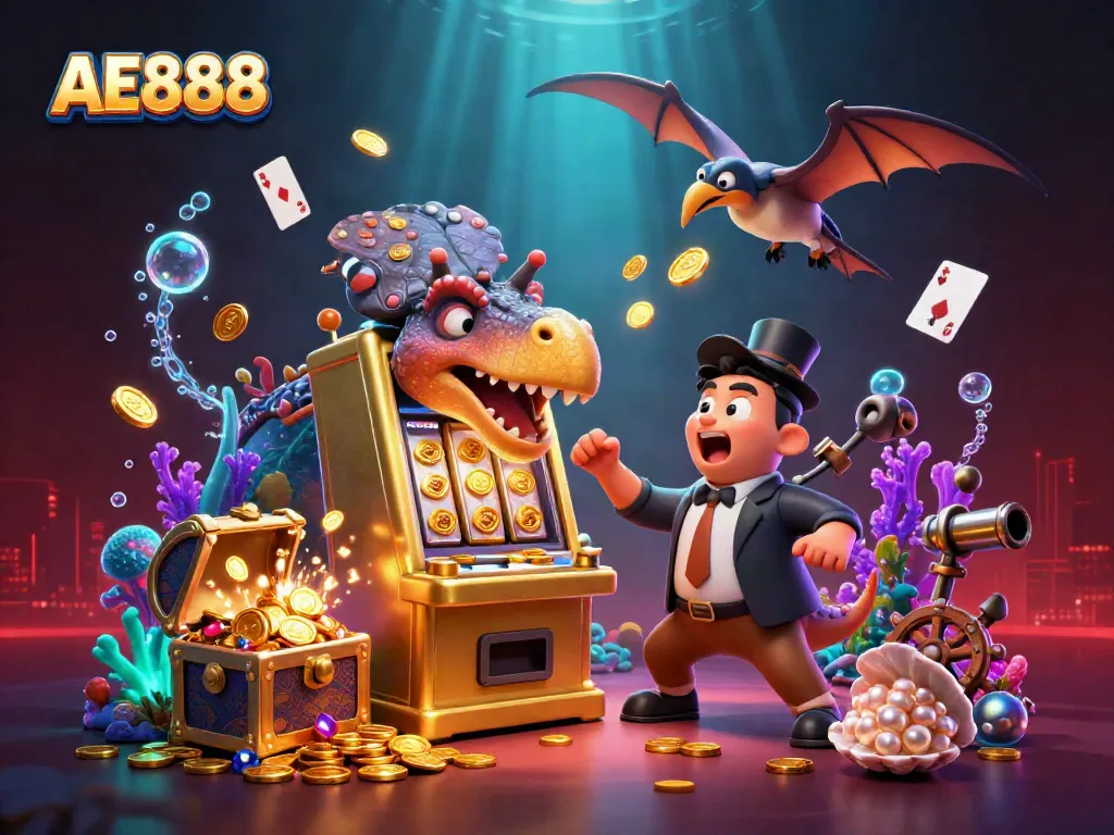 Engaging AE888 scene with a pachycephalosaurus hitting a golden slot machine, scattering coins.