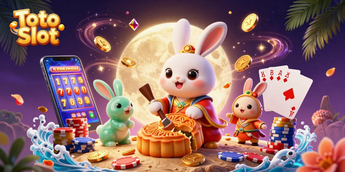 Toto Slot game illustration with a moon rabbit and poker chips amidst vibrant casino elements.
