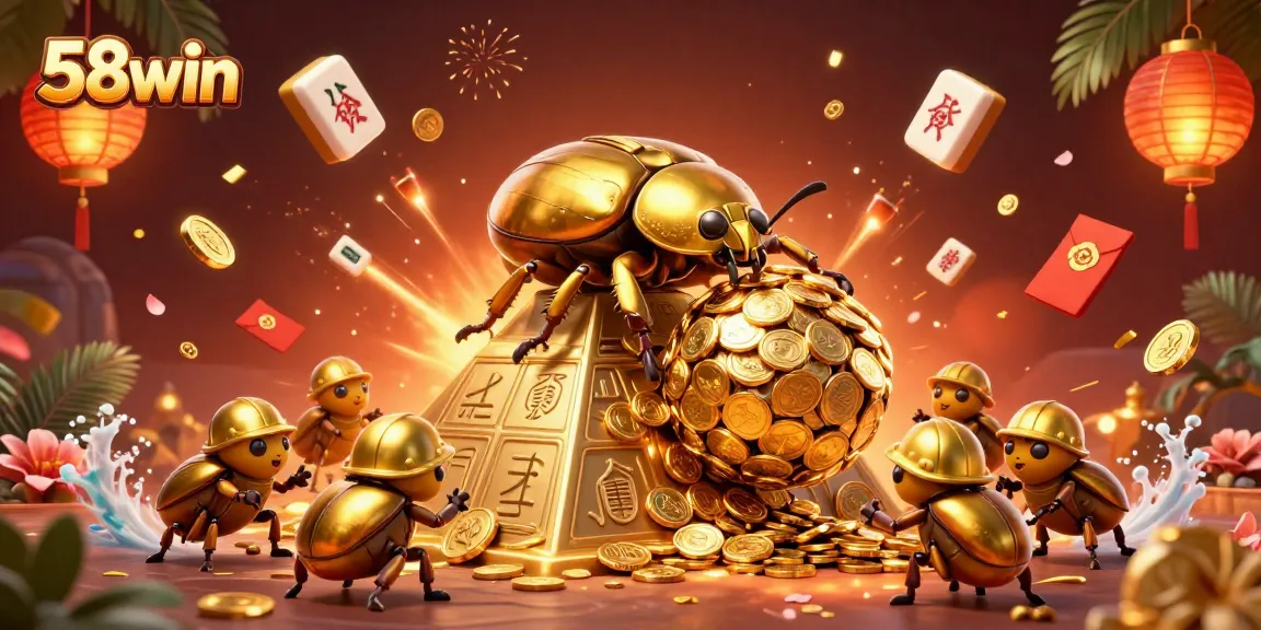 Engage with 58win in a vibrant digital casino scene featuring animated gold coin beetles.