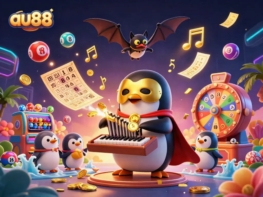 Experience the thrill of au88 with vibrant characters, casino elements, and dynamic golden coin effects.